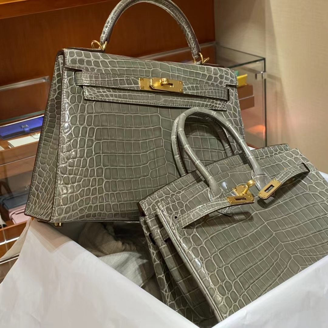 HERMES 爱马仕香港官网 Kelly25 鳄鱼皮 沥青灰 Birkin 25
