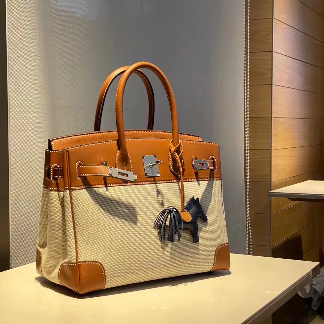HERMES 香港爱马仕官网 铂金包 Birkin 大象灰 金扣拼麻布