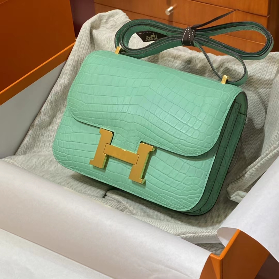 HERMES 香港代工厂 空姐包 Constance 鳄鱼肚皮 牛油果绿 金扣 全套包装