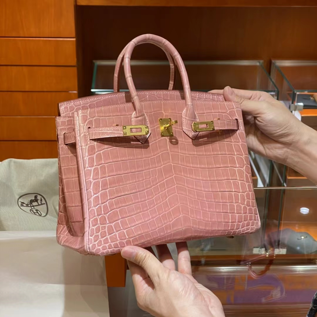 HERMES 爱马仕 铂金包 Birkin 金扣 鳄鱼肚皮 樱花粉