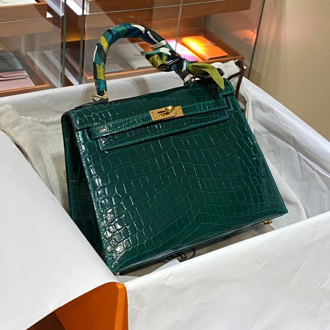 HERMES 香港爱马仕官网 翡翠绿 Kelly凯莉包 金扣