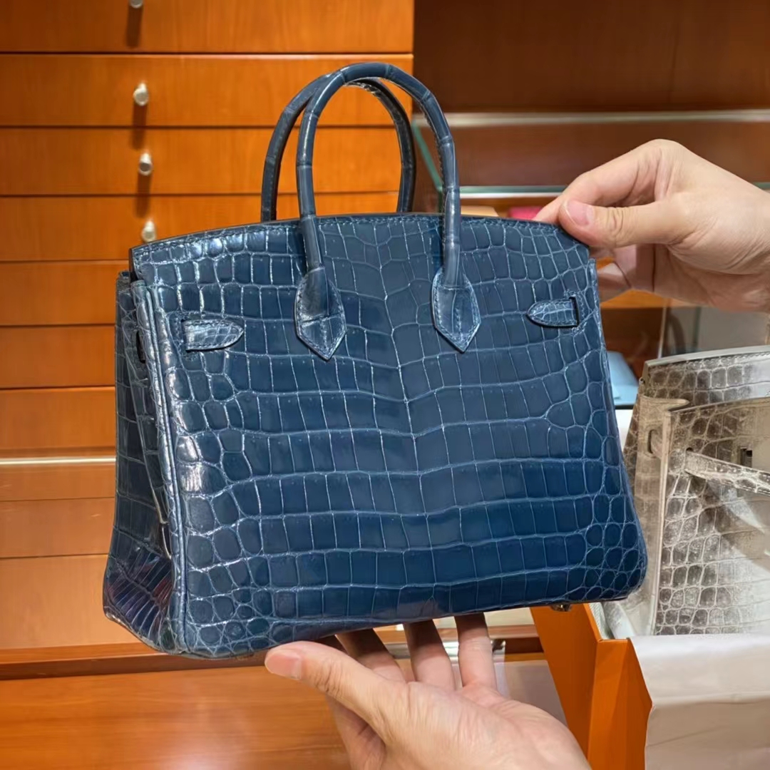 HERMES 爱马仕 铂金包 Birkin 金扣 鳄鱼肚皮 深邃蓝