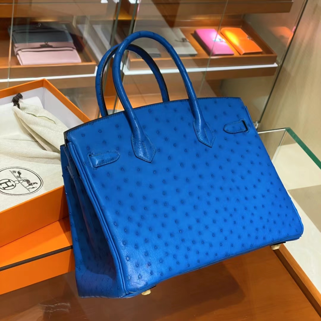 HERMES爱马仕 香港官网 电光蓝 鸵鸟皮 金扣 铂金包Birkin-铂金女王 HERMES爱马仕 香港官网 电光蓝 鸵鸟皮 金扣 铂金包Birkin