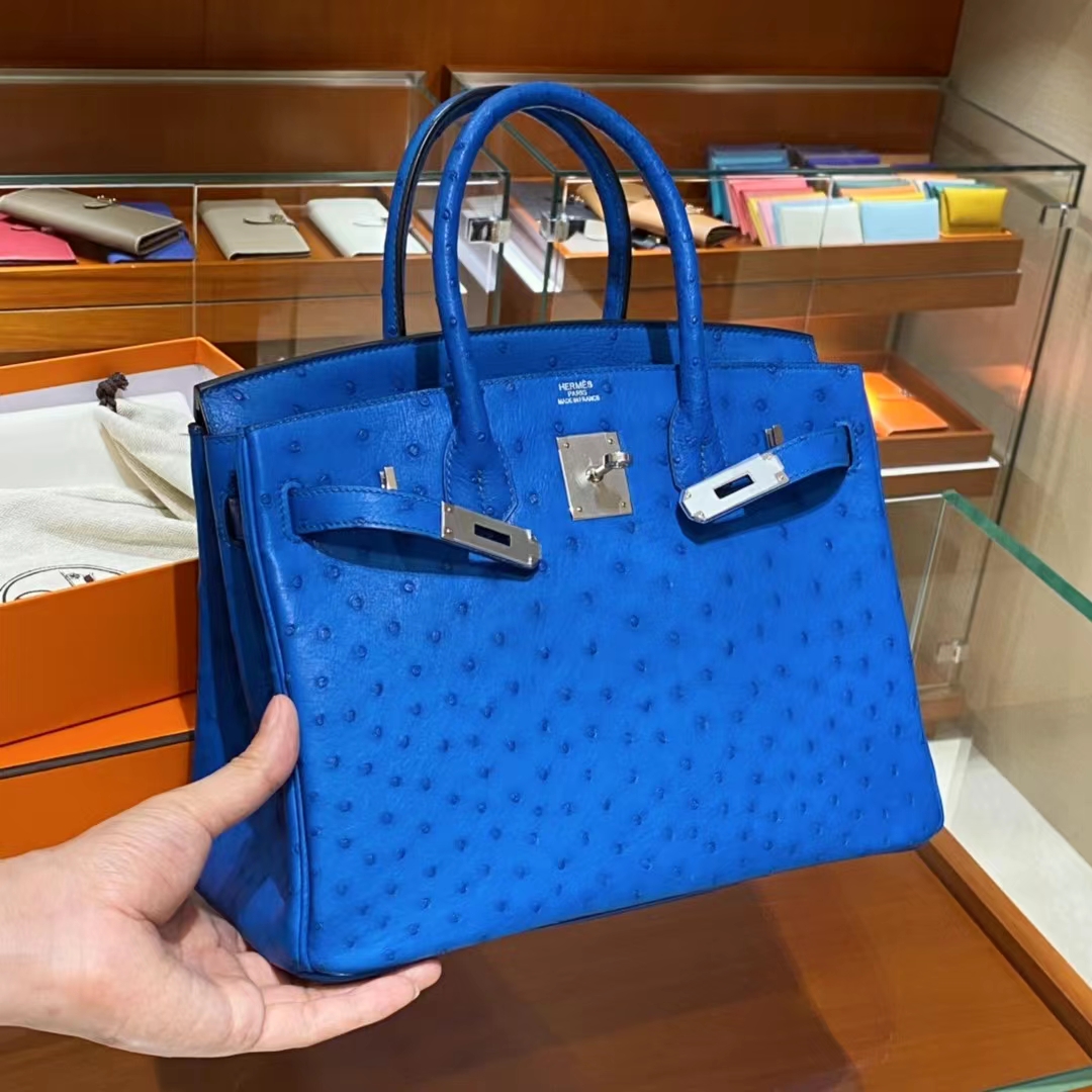 HERMES爱马仕 香港官网 电光蓝 鸵鸟皮 金扣 铂金包Birkin