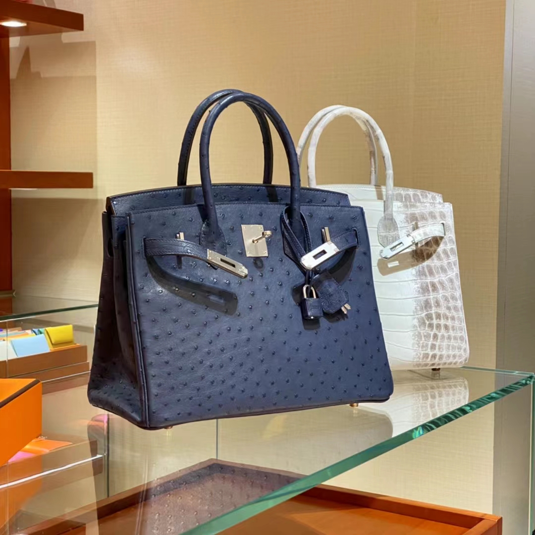 爱马仕 HERMES Birkin铂金包25 银扣 鸵鸟皮