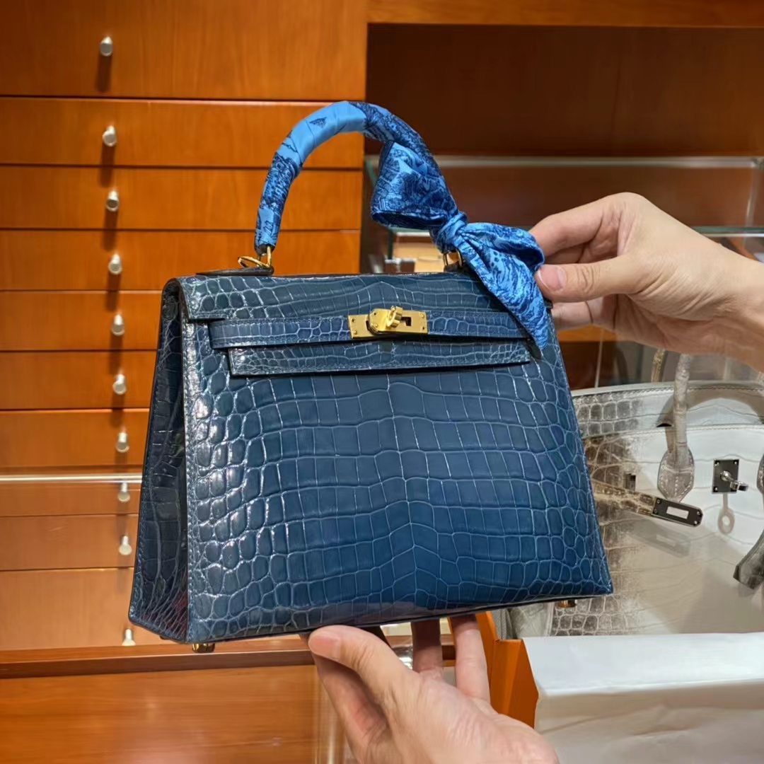 HERMES 爱马仕 Kelly凯莉包 金扣 鳄鱼肚皮 深邃蓝-铂金女王 HERMES 爱马仕 Kelly凯莉包 金扣 鳄鱼肚皮 深邃蓝