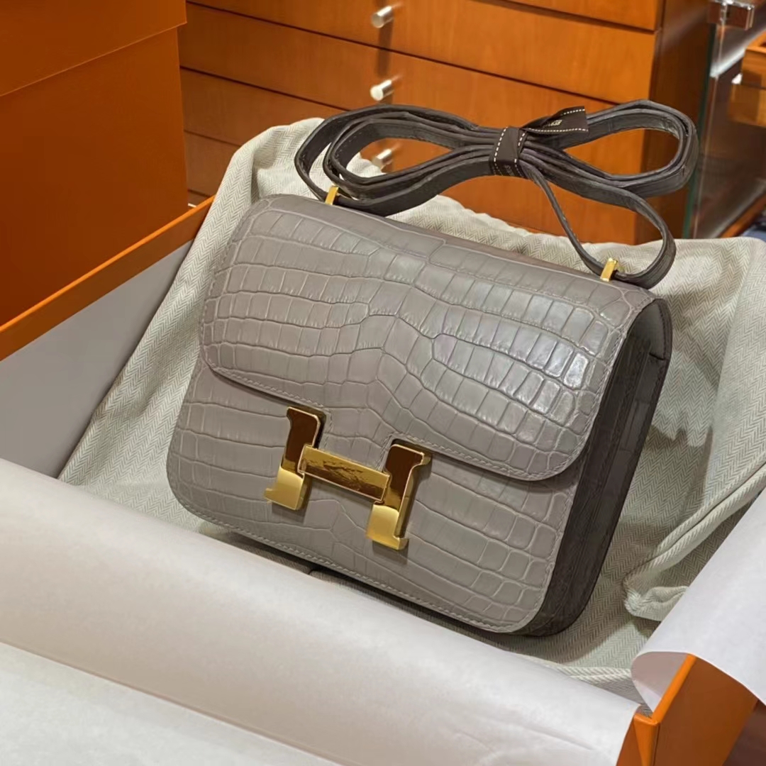 HERMES 香港代工厂 空姐包 Constance 鳄鱼肚皮  金扣 全套包装 海鸥灰