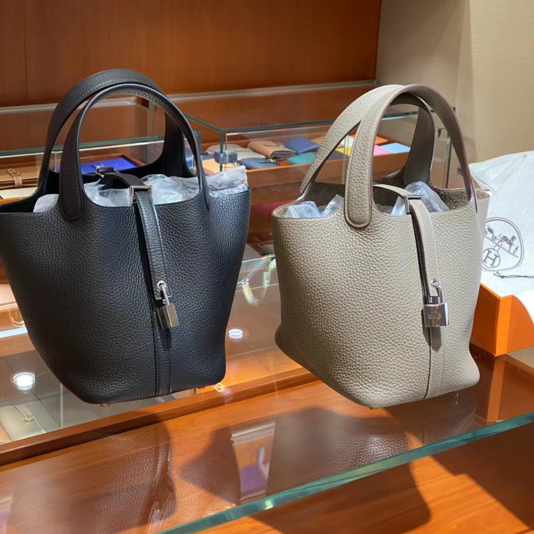 HERMES 爱马仕官网推荐 菜篮子 Picotin 纯手工 TC皮 大象灰 黑色
