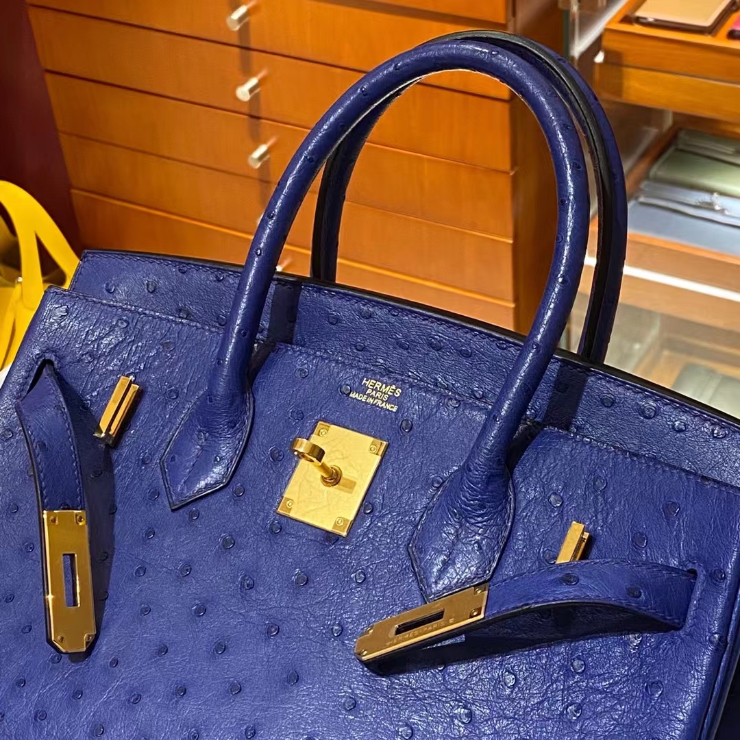 爱马仕 HERMES Birkin铂金包25 银扣 鸵鸟皮 风暴蓝