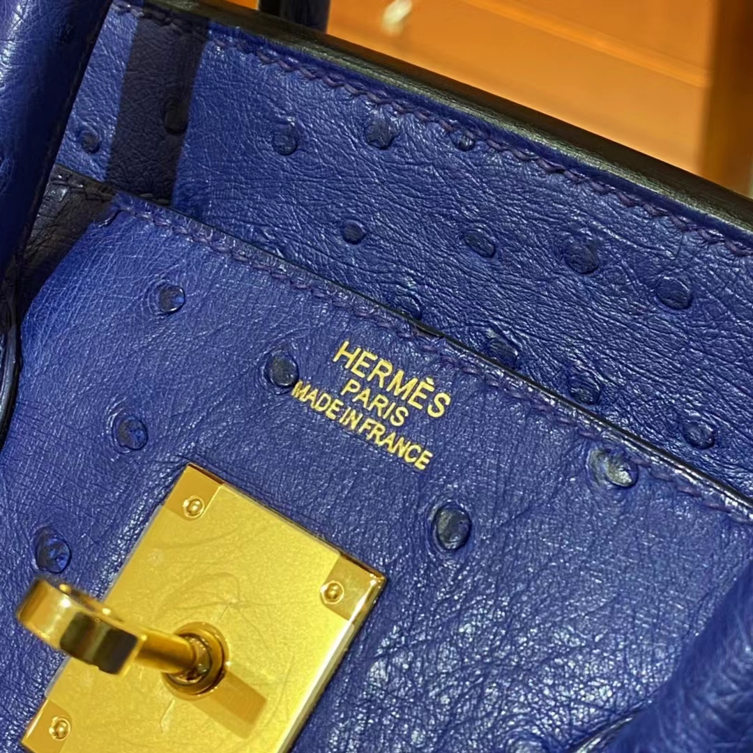HERMES爱马仕 香港官网 电光蓝 鸵鸟皮 金扣 铂金包Birkin