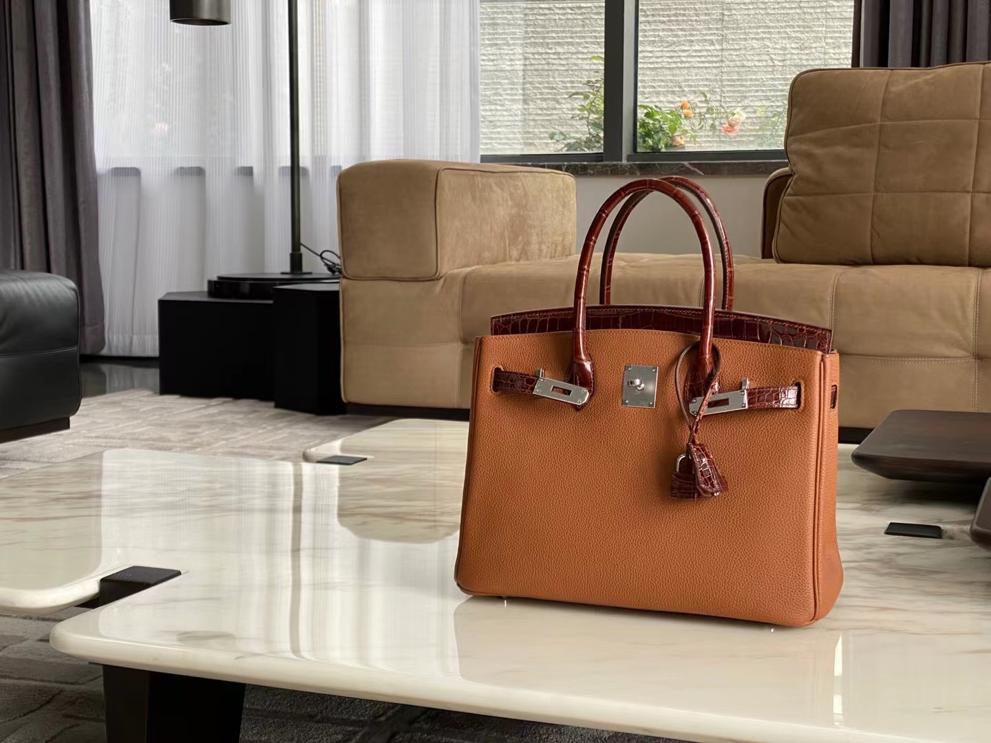 HERMES 香港爱马仕官网 Birkin铂金包 银扣 焦糖色 tc拼鳄鱼皮