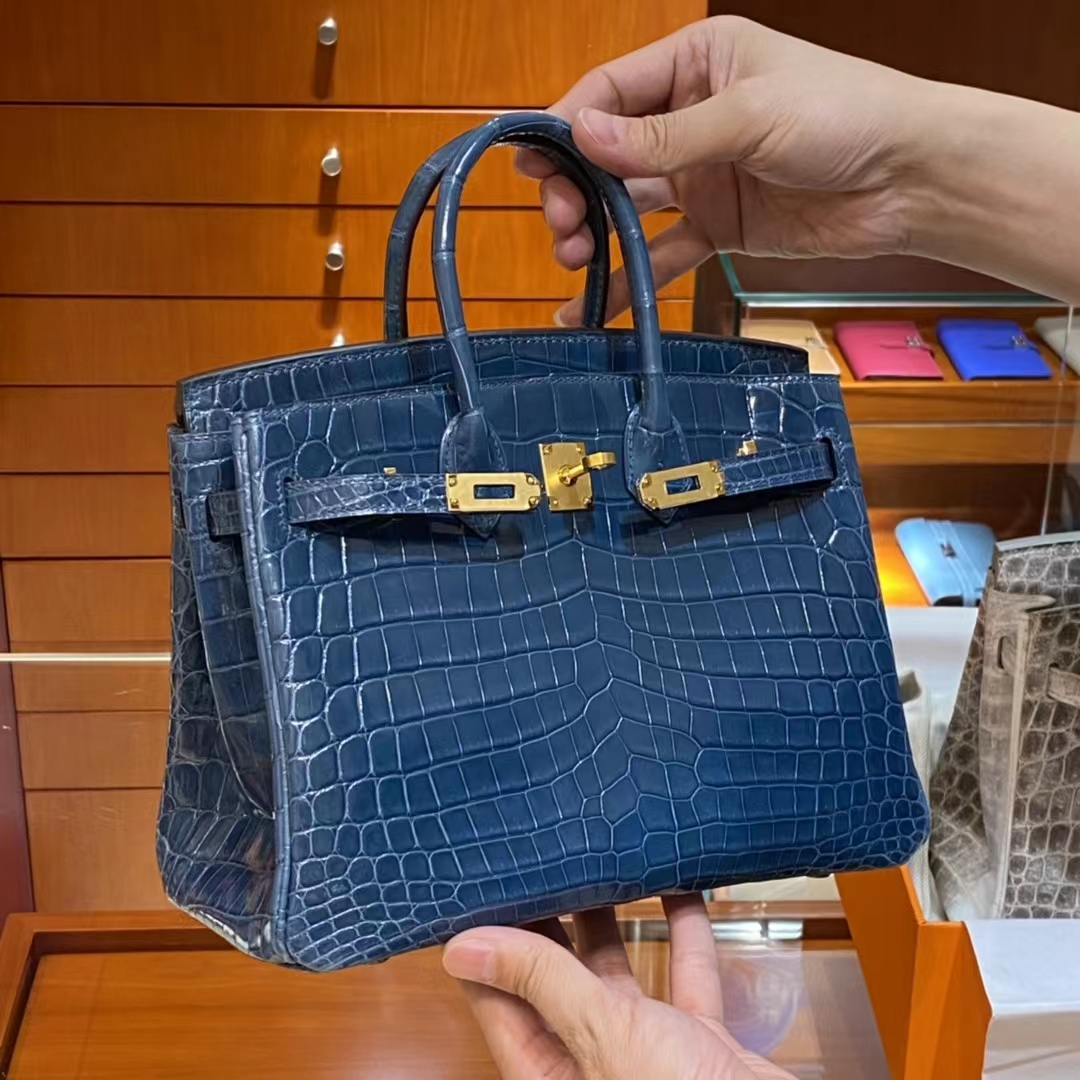 HERMES 爱马仕 铂金包 Birkin 金扣 鳄鱼肚皮 深邃蓝
