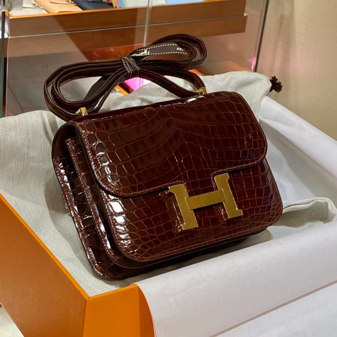 HERMES 香港代工厂 空姐包 Constance 鳄鱼肚皮 全套包装 勃艮第酒红 金扣
