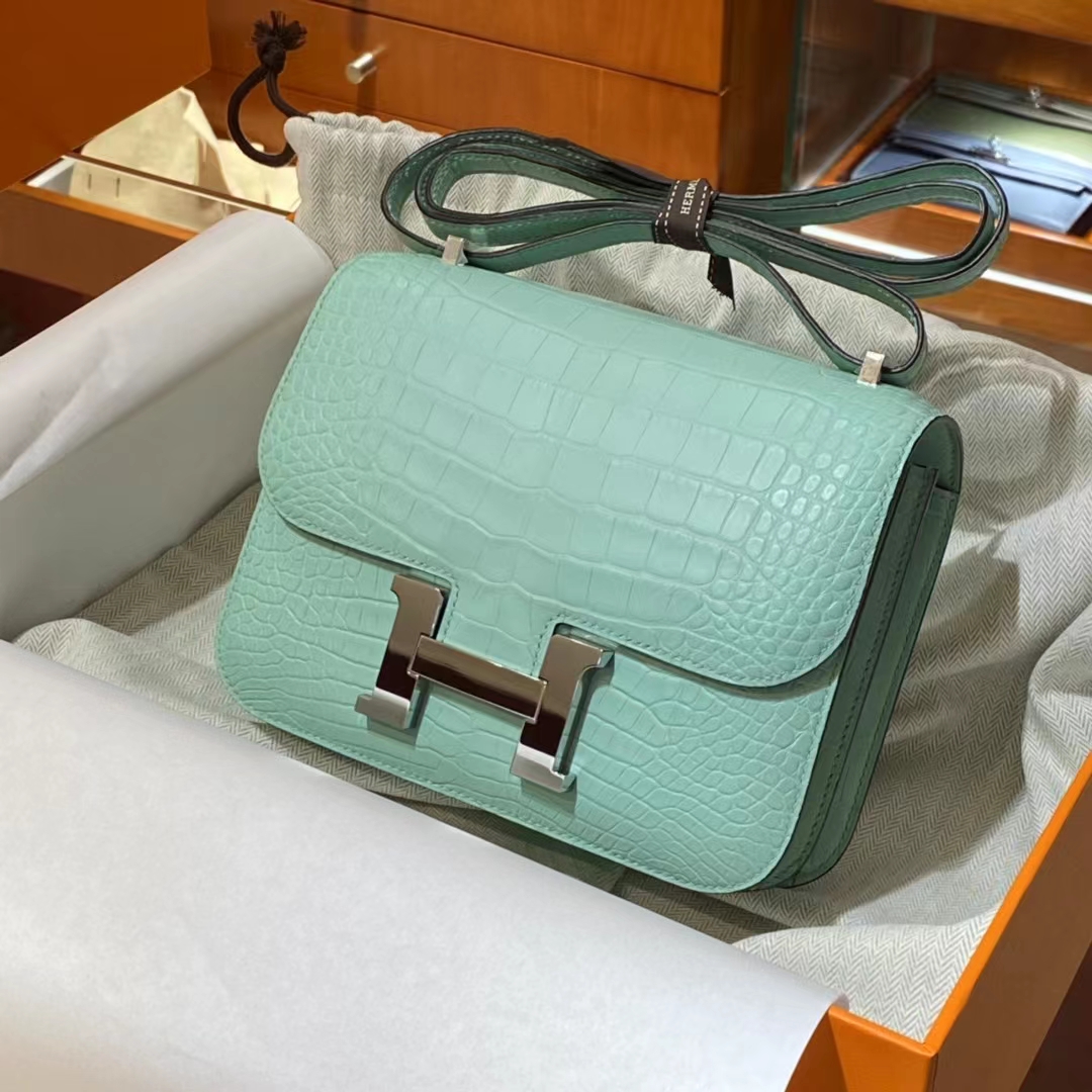 HERMES 香港代工厂 空姐包 Constance 鳄鱼肚皮 全套包装 新薄荷绿 银扣