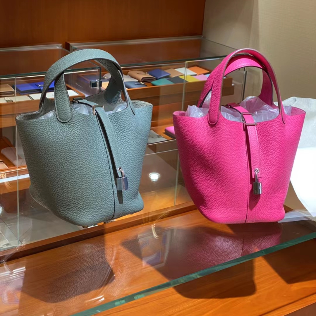 HERMES 爱马仕官网推荐 菜篮子 Picotin 纯手工 TC皮 海鸥灰 玫红