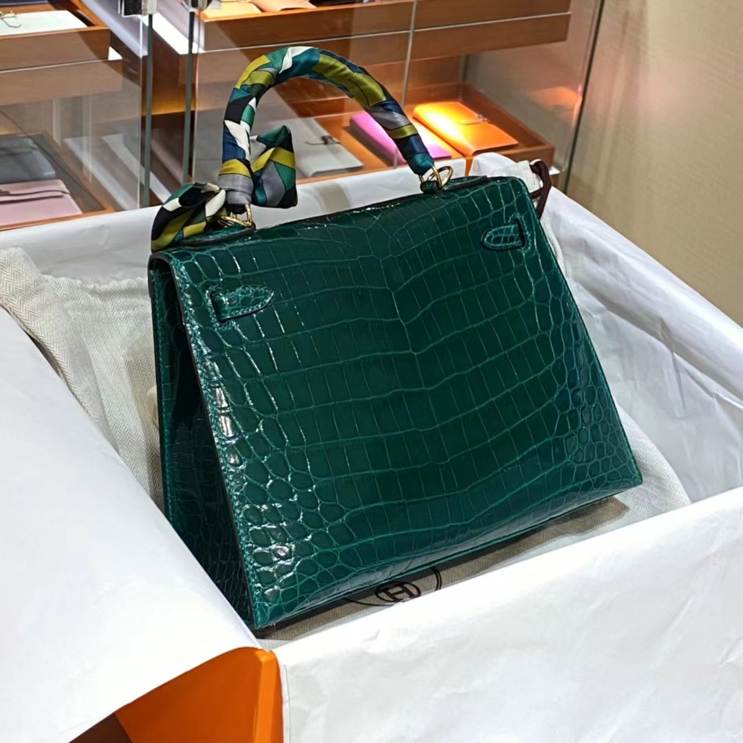 HERMES 香港爱马仕官网 翡翠绿 Kelly凯莉包 金扣