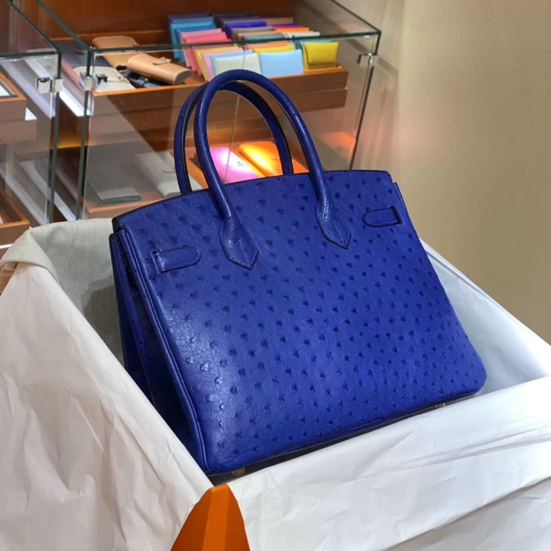 HERMES爱马仕 香港官网 电光蓝 鸵鸟皮 金扣 铂金包Birkin