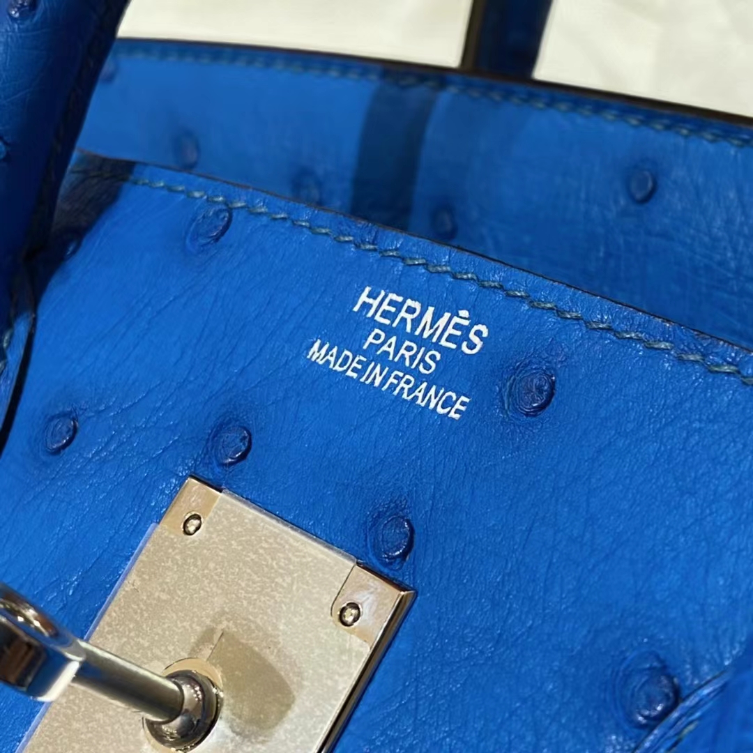 爱马仕 HERMES Birkin铂金包25 银扣 鸵鸟皮 电光蓝