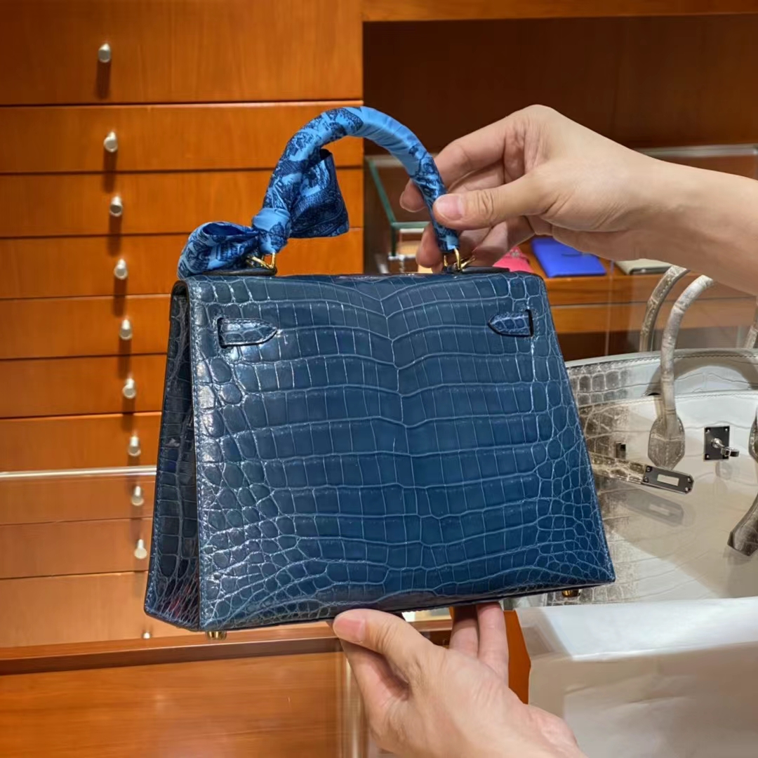 HERMES 爱马仕 Kelly凯莉包 金扣 鳄鱼肚皮 深邃蓝