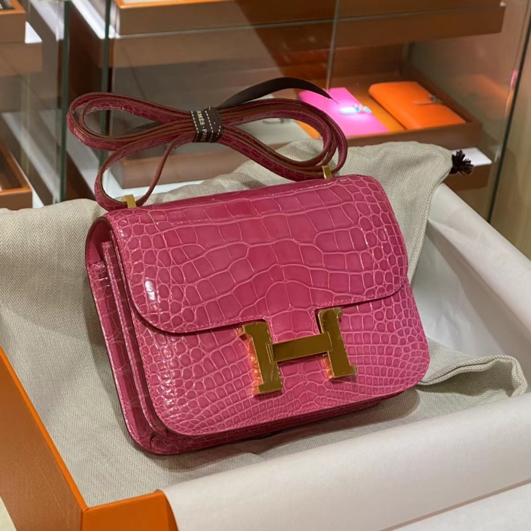 HERMES 香港代工厂 空姐包 Constance 鳄鱼肚皮 全套包装 糖果粉 金扣