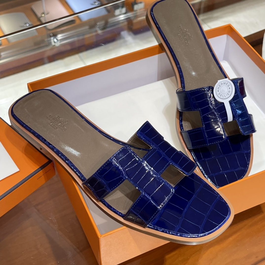 HERMES 鳄鱼皮 拖鞋 电光蓝 高端定制 老师傅工匠 纯手工定制 Size:35-41 (偏小一码)