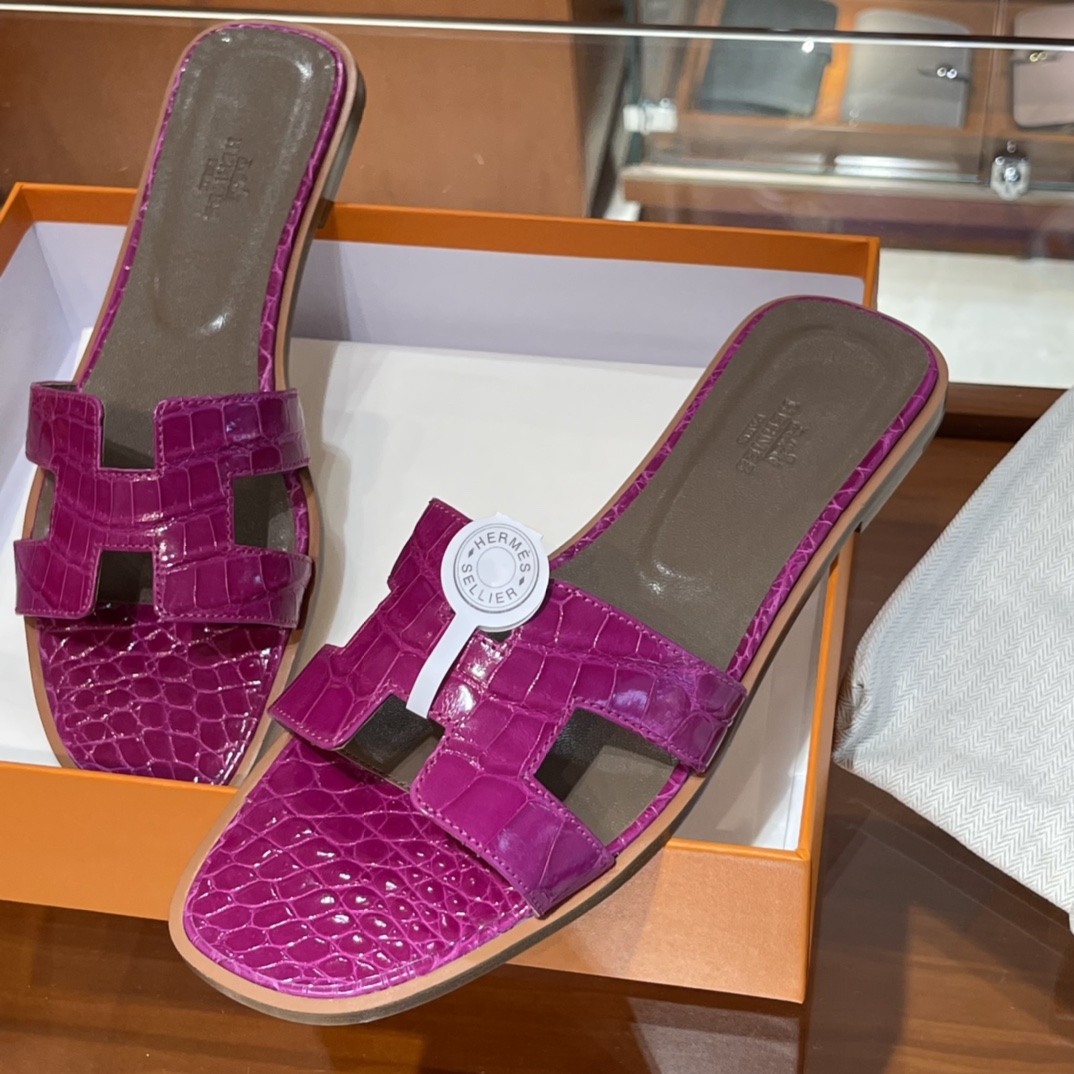 HERMES 鳄鱼皮 拖鞋 天方夜谭紫 高端定制 老师傅工匠 纯手工定制 Size:35-41 (偏小一码)