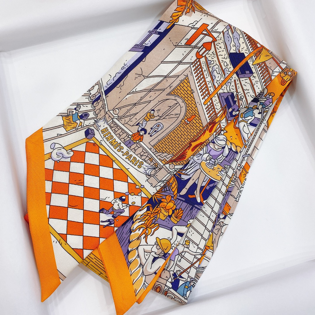 Hermes 《福宝大道 Maxi Twilly 》长巾 橙色 Size：10*160cm 100%桑蚕丝