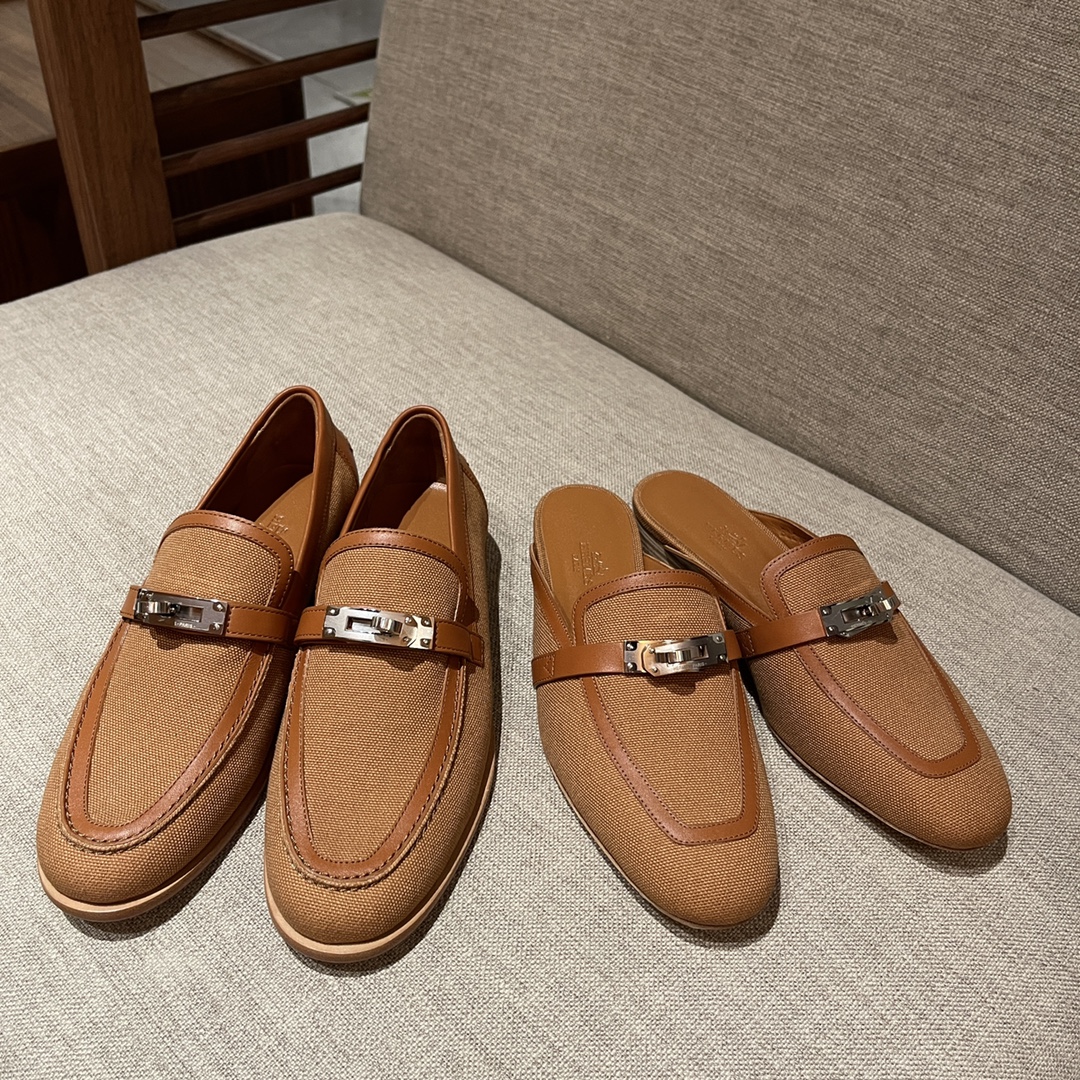 Hermes 爱马仕乐福鞋 Kelly扣包头鞋 皮拼帆布-铂金女王 Hermes 爱马仕乐福鞋 Kelly扣包头鞋 皮拼帆布