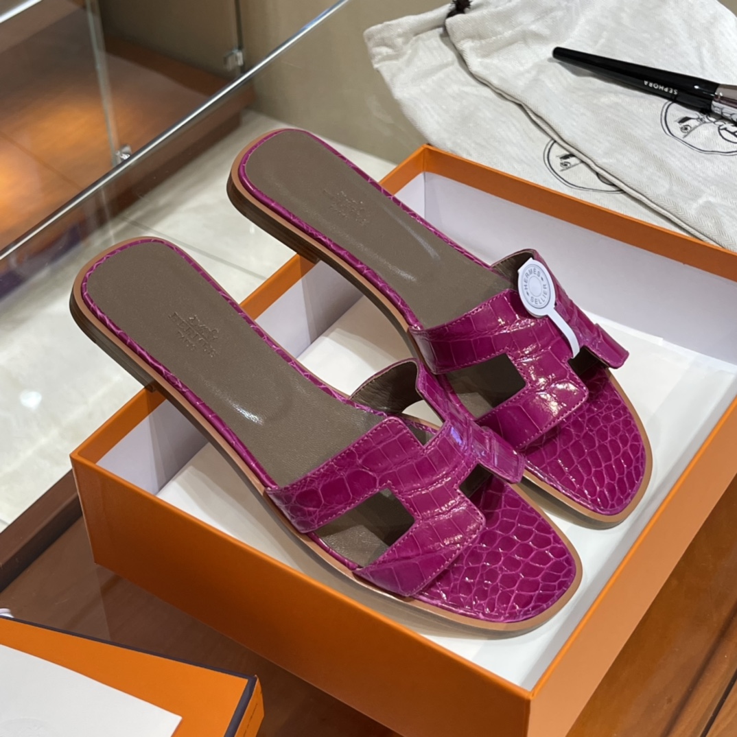 HERMES 鳄鱼皮 拖鞋 天方夜谭紫 高端定制 老师傅工匠 纯手工定制 Size:35-41 (偏小一码)