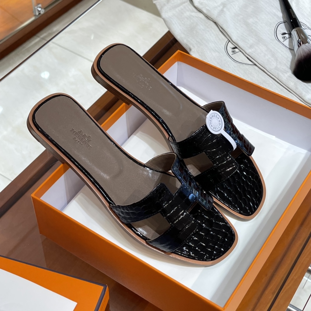 HERMES 鳄鱼皮 拖鞋 黑色 高端定制 老师傅工匠 纯手工定制 Size:35-41 (偏小一码)