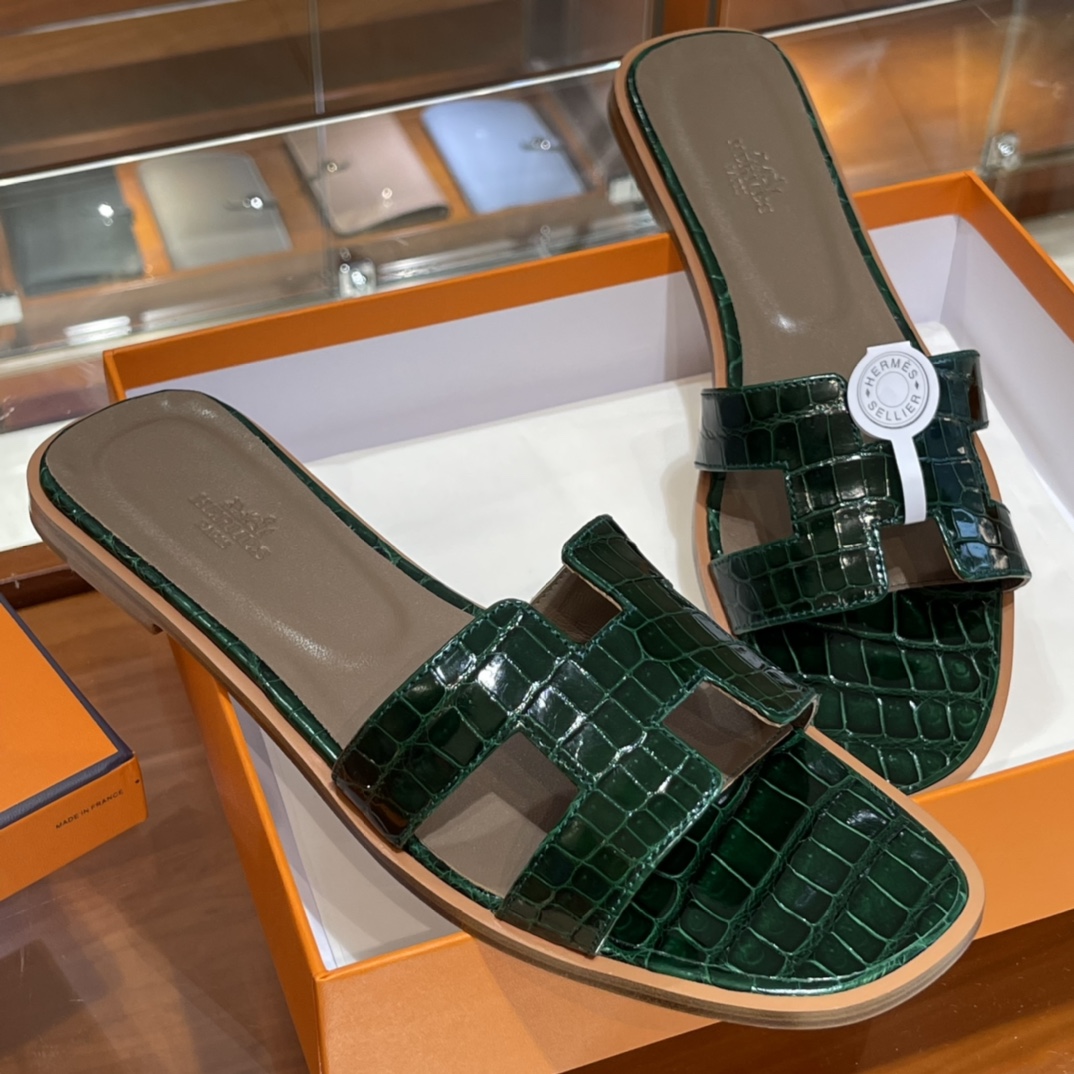HERMES 鳄鱼皮 拖鞋 祖母绿 高端定制 老师傅工匠 纯手工定制 Size:35-41 (偏小一码)