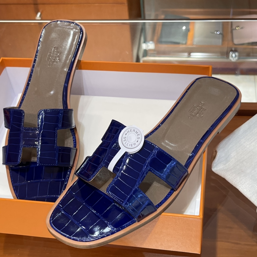 HERMES 鳄鱼皮 拖鞋 电光蓝 高端定制 老师傅工匠 纯手工定制 Size:35-41 (偏小一码)