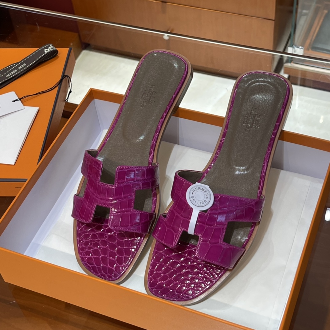 HERMES 鳄鱼皮 拖鞋 天方夜谭紫 高端定制 老师傅工匠 纯手工定制 Size:35-41 (偏小一码)