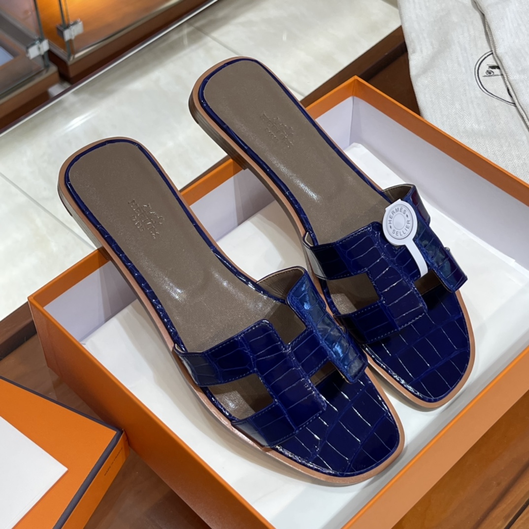HERMES 鳄鱼皮 拖鞋 电光蓝 高端定制 老师傅工匠 纯手工定制 Size:35-41 (偏小一码)