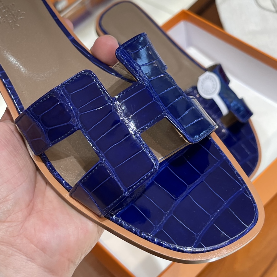 HERMES 鳄鱼皮 拖鞋 电光蓝 高端定制 老师傅工匠 纯手工定制 Size:35-41 (偏小一码)