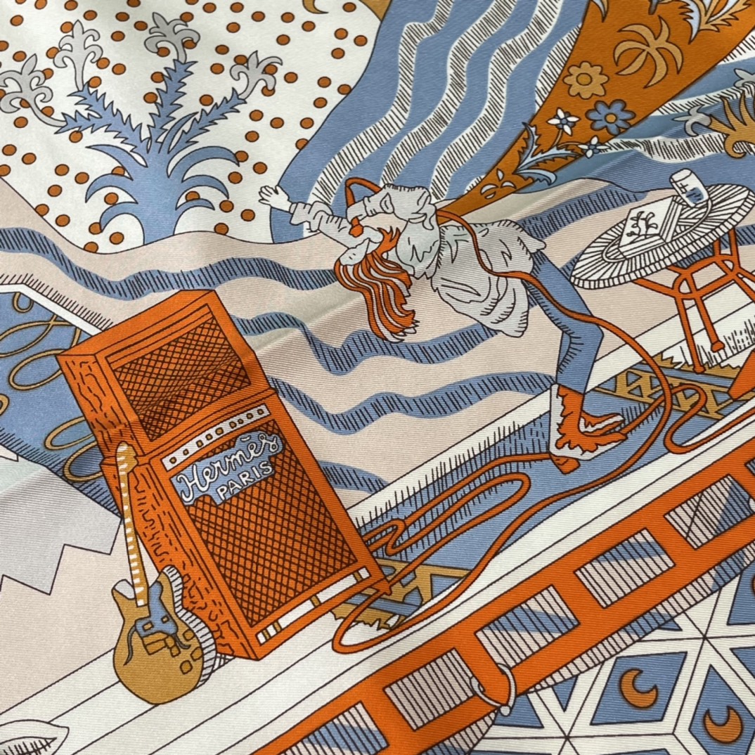 Hermes新品 《时代新声》 手工卷边斜纹真丝方巾（100%桑蚕丝） 90 x 90厘米