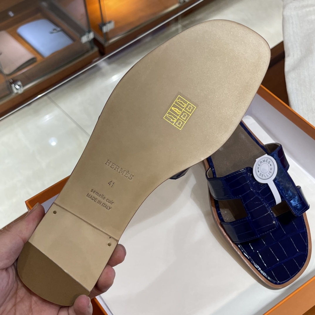 HERMES 鳄鱼皮 拖鞋 电光蓝 高端定制 老师傅工匠 纯手工定制 Size:35-41 (偏小一码)