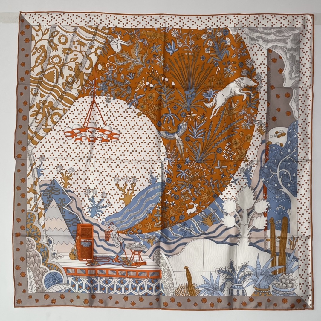 Hermes新品 《时代新声》 手工卷边斜纹真丝方巾（100%桑蚕丝） 90 x 90厘米