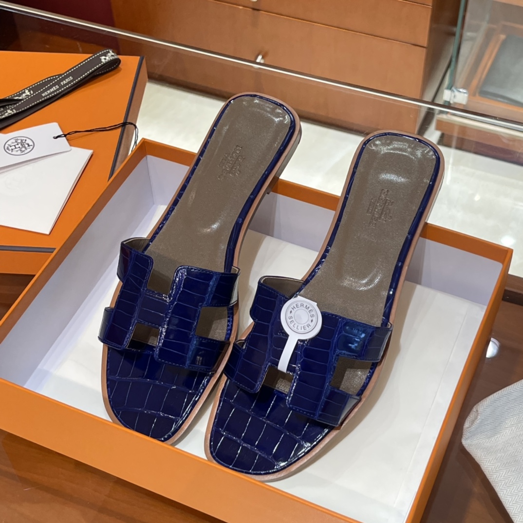 HERMES 鳄鱼皮 拖鞋 电光蓝 高端定制 老师傅工匠 纯手工定制 Size:35-41 (偏小一码)