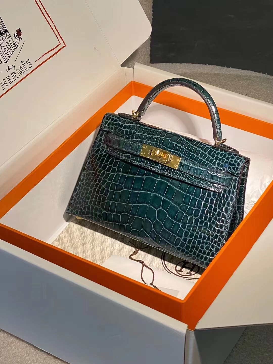 Hermes miniKelly二代 雾面鳄鱼皮 松柏绿 金扣 现货