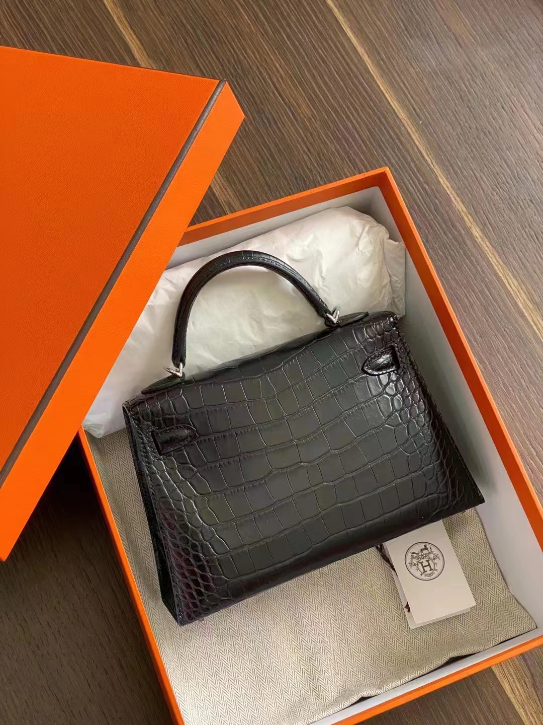 Hermes miniKelly二代 鳄鱼皮 黑色 银扣 现货