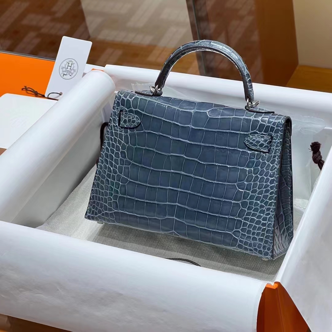 MiniKelly二代 全手工 美洲鳄鱼 风暴蓝 银扣 金扣 现货
