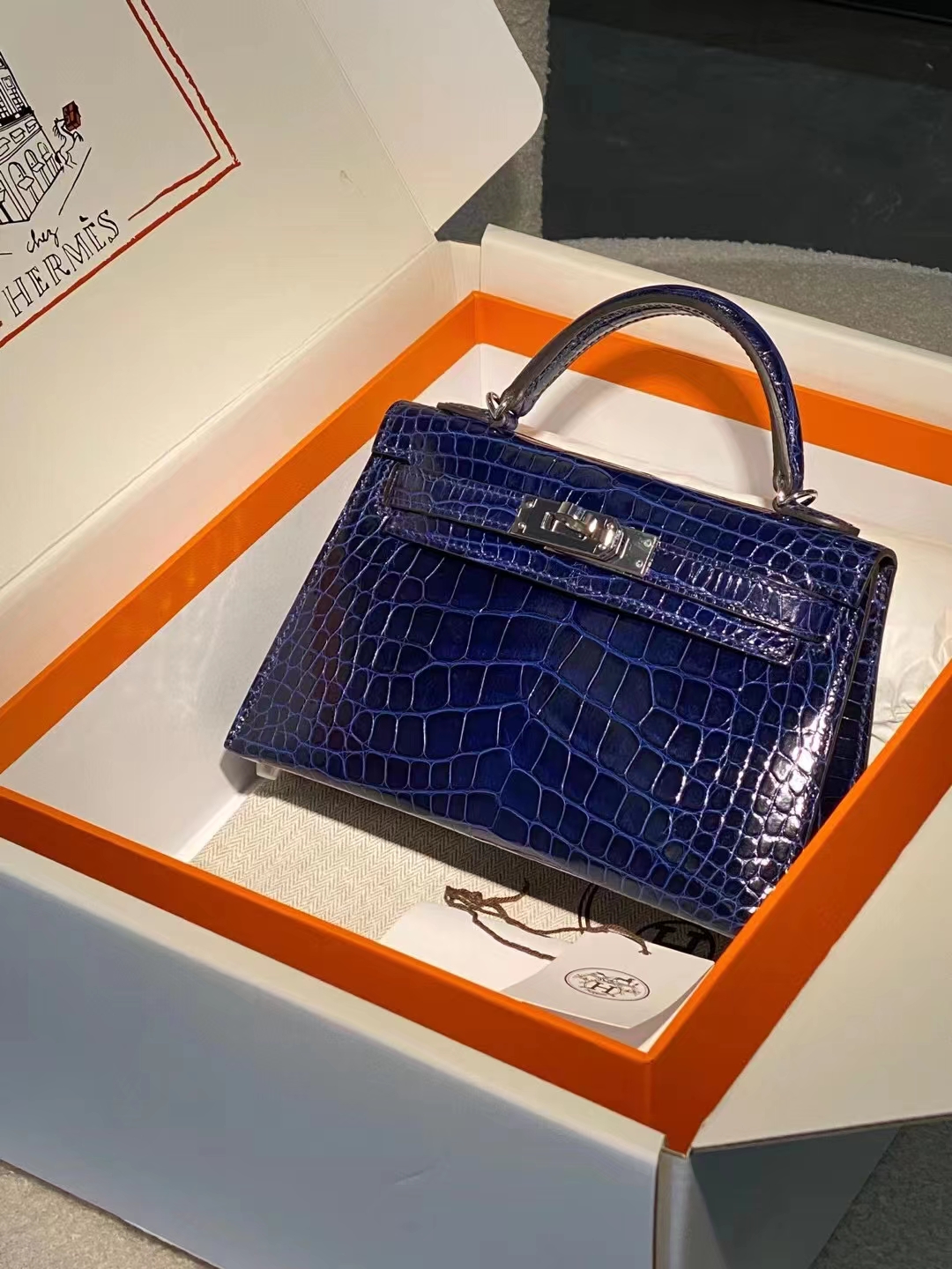 Hermes miniKelly二代 雾面鳄鱼皮 深邃蓝 银扣 现货