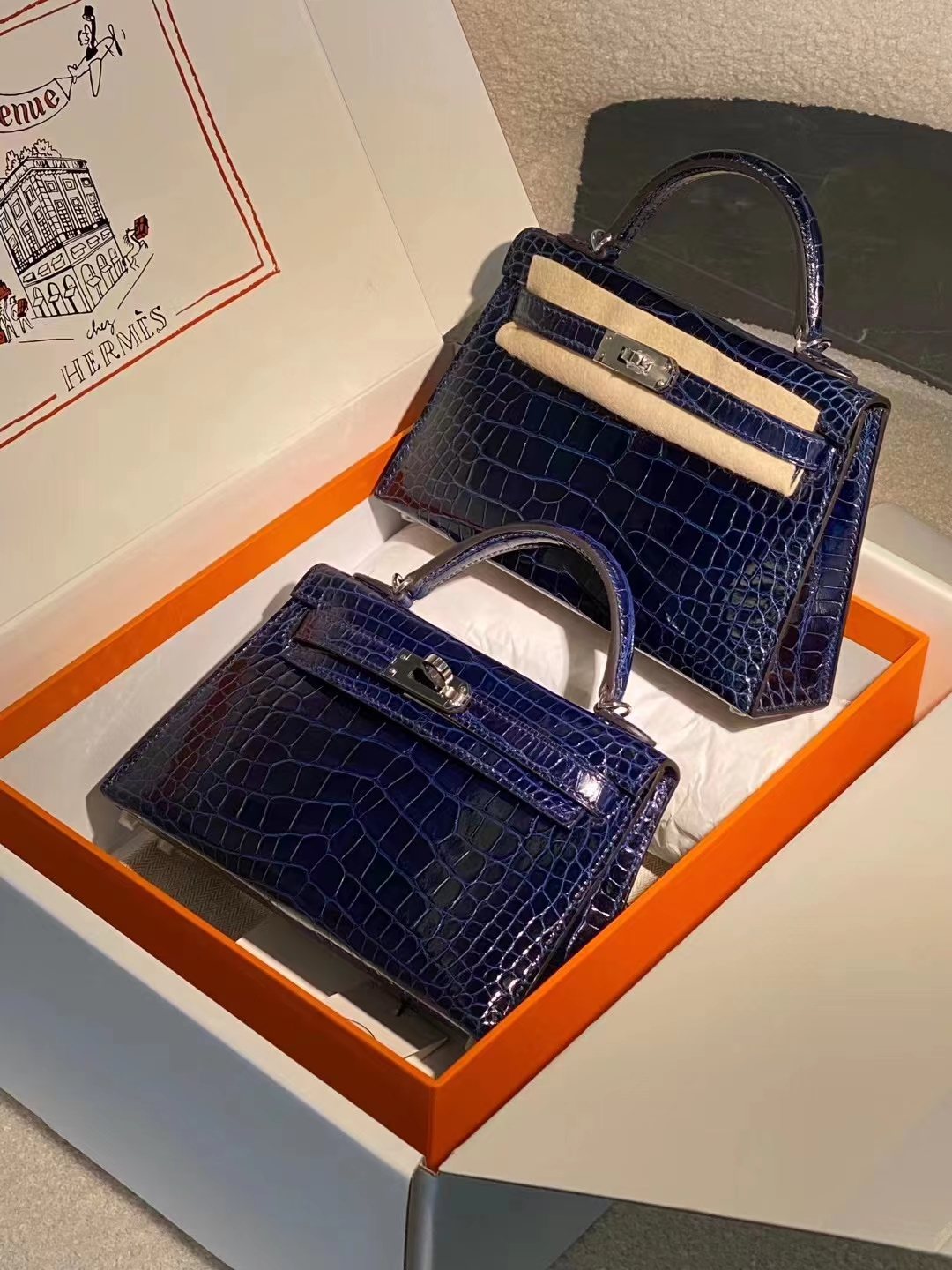 Hermes miniKelly二代 雾面鳄鱼皮 宝石蓝 银扣 现货