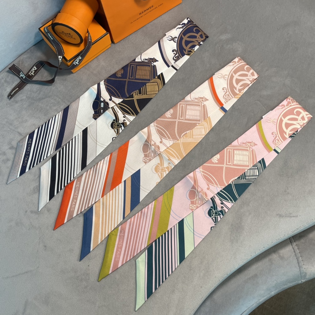 Hermes 2022年早春新款 真丝飘带 多种用途 6*100cm 100%真丝-铂金女王 Hermes 2022年早春新款 真丝飘带 多种用途 6*100cm 100%真丝