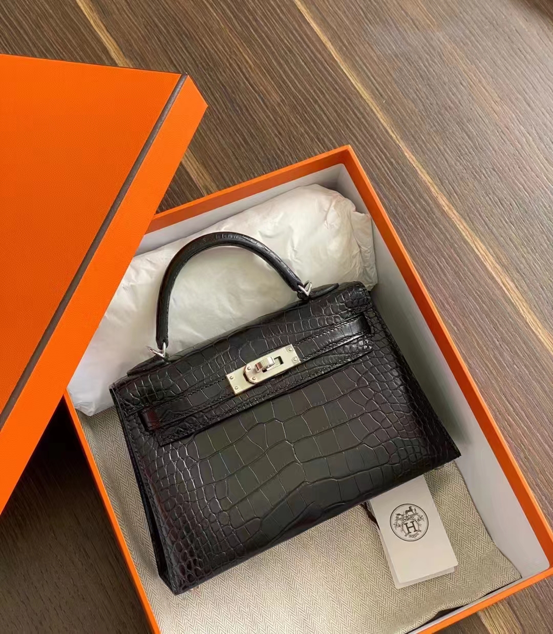 Hermes miniKelly二代 鳄鱼皮 黑色 银扣 现货