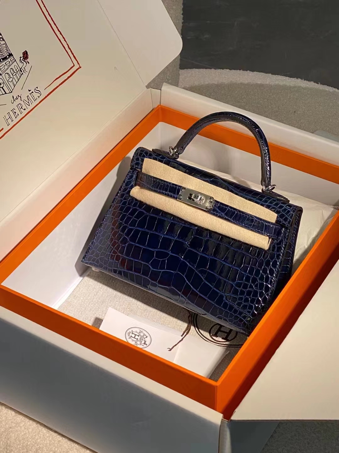 Hermes miniKelly二代 雾面鳄鱼皮 宝石蓝 银扣 现货