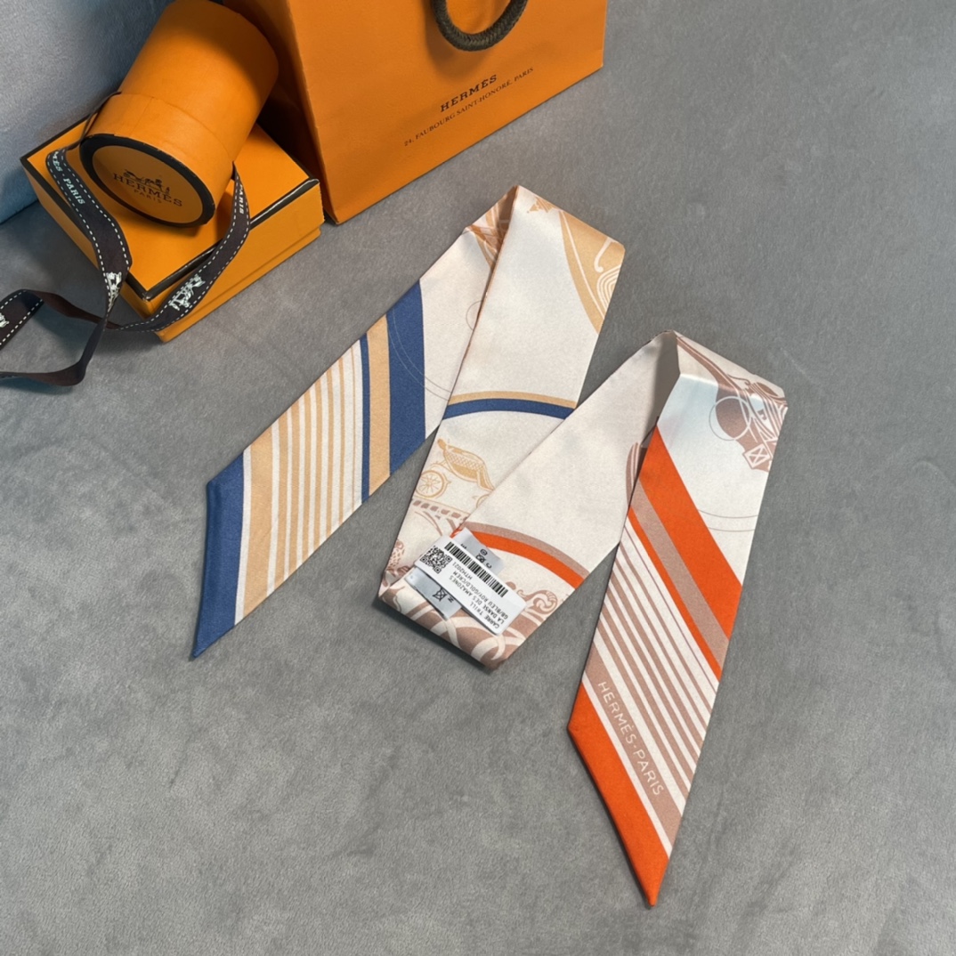 Hermes 2022年早春新款 真丝飘带 多种用途 6*100cm 100%真丝-铂金女王 Hermes 2022年早春新款 真丝飘带 多种用途 6*100cm 100%真丝