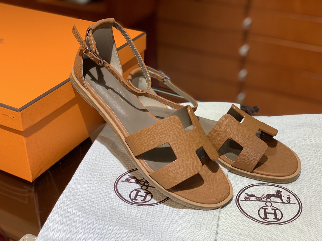 Santorini 爱马仕夏季小牛皮凉鞋 Size:35-41(正码) 纯手工定制 原厂进口牛皮 意大利树羔皮大底