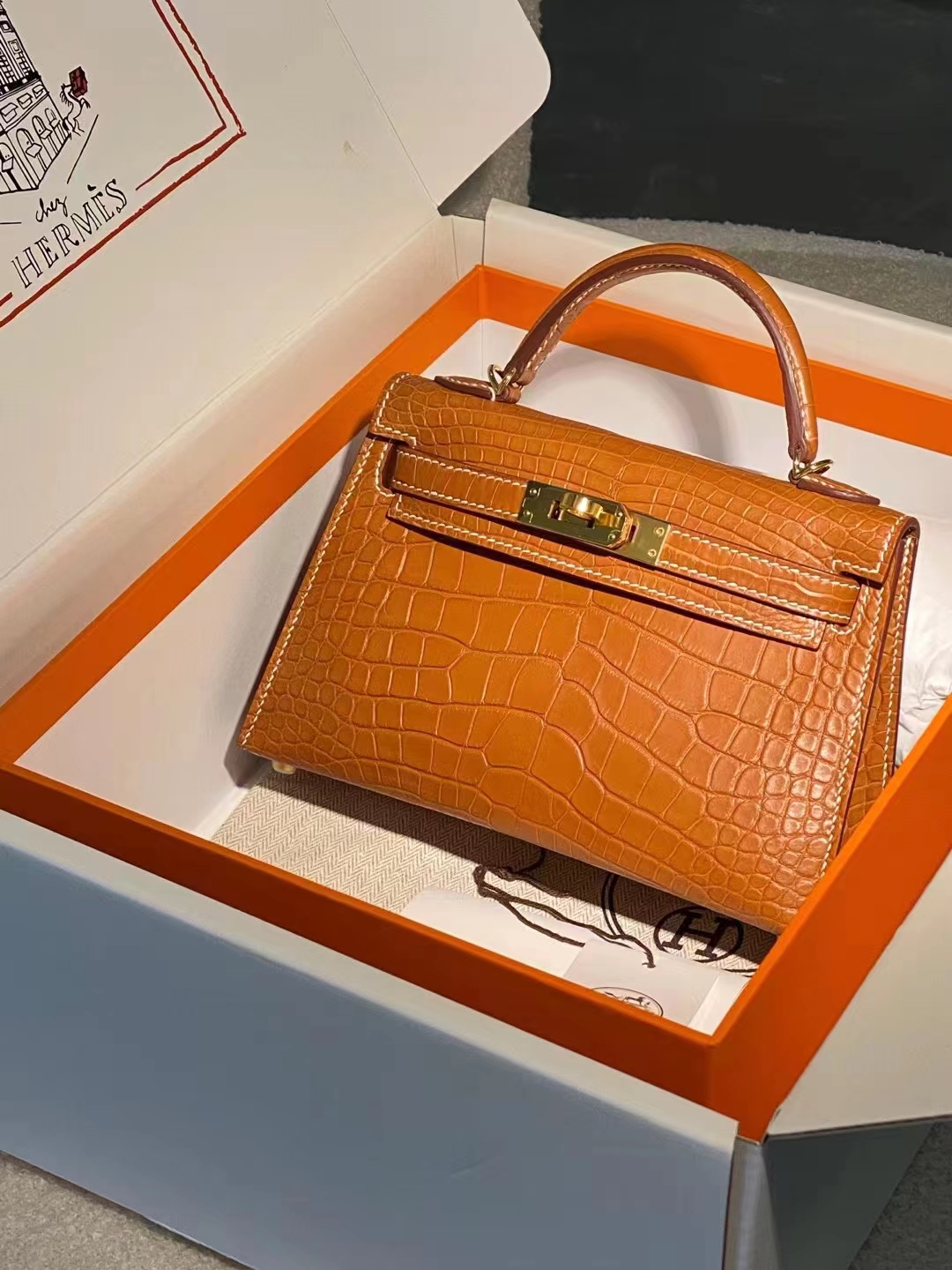 Hermes miniKelly二代 雾面鳄鱼皮 马鞍色 金扣 现货